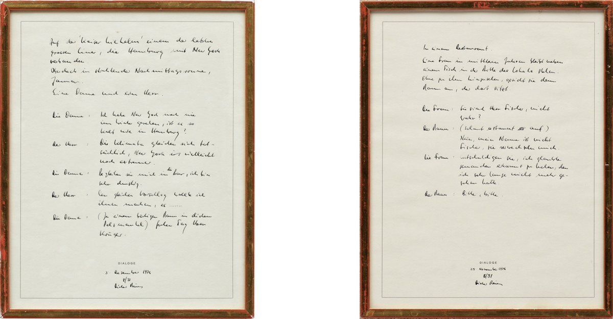 Dieter Meier,<em>Dialogues</em>, 1976<br />Handwriting on note paper<br />2 parts, each frame 34.5 x 27.5 cm